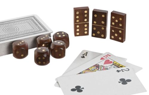 JUEGO SET 4 SHEESHAM DOMINO CARTAS MARRON